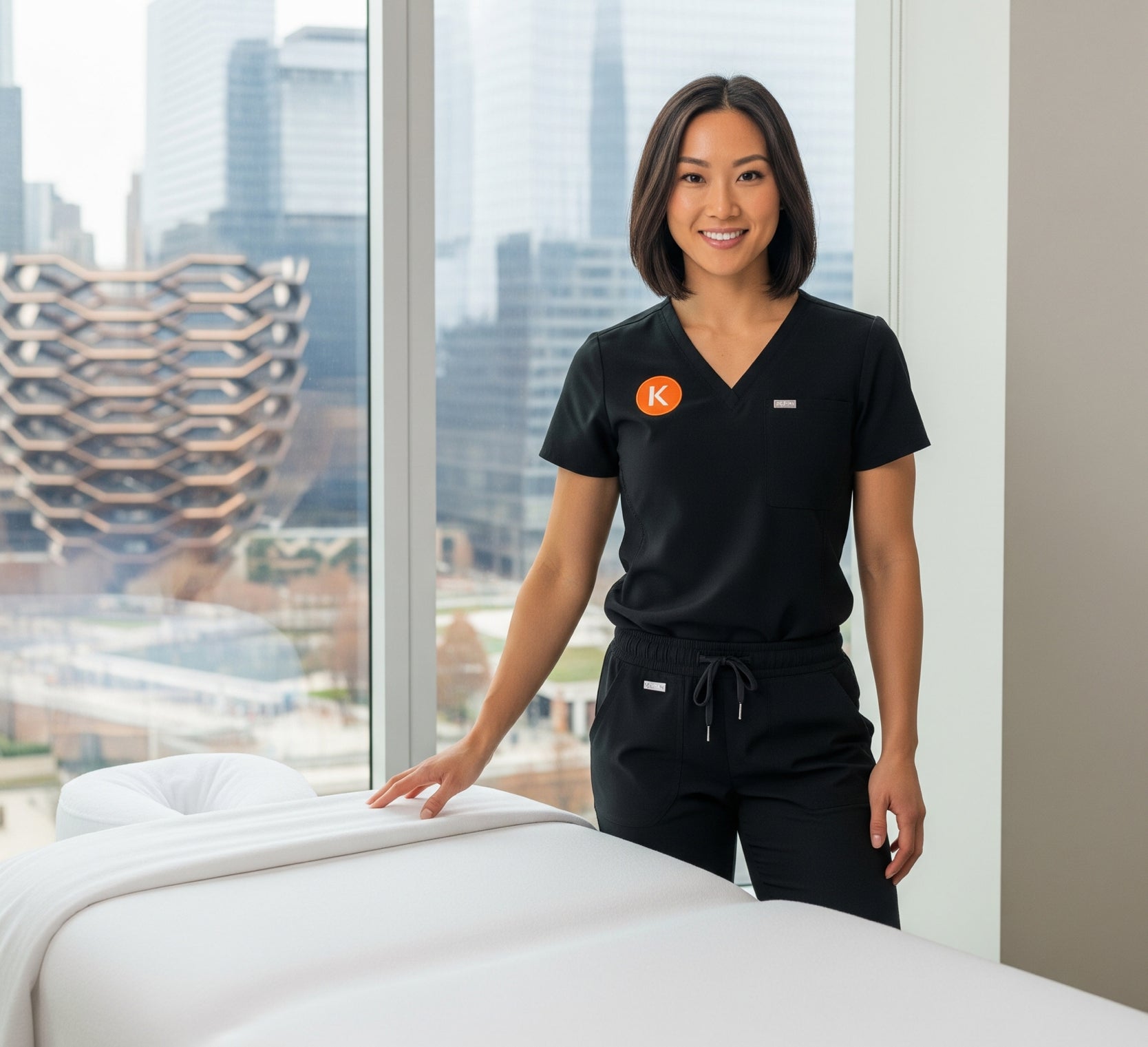 Female licensed massage therapist standing beside massage table with Hudson Yards skyline view, providing professional in-home massage services in Manhattan, NYC